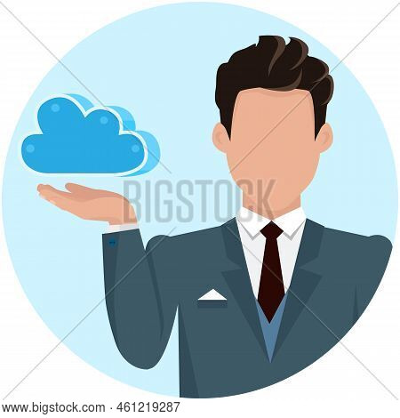 Cloud Data Storage Business Technology Server Concept Web Vector With Businessman Holding Spot. Man 