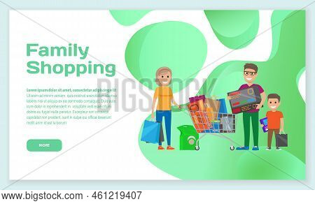 Family People Go With Bags, Supermarket Trolley For Shopping Landing Page Template. Cartoon Smiling 