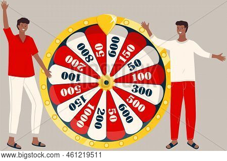 Game Fortune Wheel Concept. Man Playing Risk Game With Fortune Wheel And Lottery. Casino And Gamblin