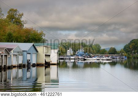 Marina On The Magog River At The Entrance To Lake Memphremago In Quebec, Canada