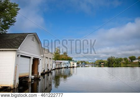 Marina On The Magog River At The Entrance To Lake Memphremago In Quebec, Canada
