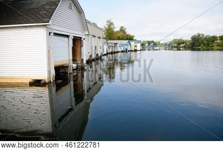 Marina On The Magog River At The Entrance To Lake Memphremago In Quebec, Canada