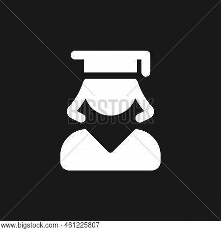 Female Student Dark Mode Glyph Ui Icon. Graduate. Alumna Of University. User Interface Design. White