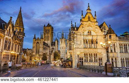 Ghent, Belgium - Aug 24, 2022: Architecture Of The Historic City Center Of Ghent In The Flemish Regi