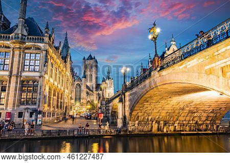 Architecture Of The Old Town Of Ghent, Belgium After Sunset