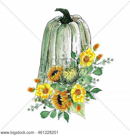 Watercolor Fall Composition. Autumn Pumpkin Decor. Thanksgiving Decor, White Pumpkin With Sunflowers