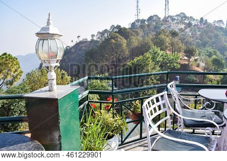 Early Morning View Of Modern Rooftop Restaurant At Kasauli, Himachal Pradesh In India, View Of Mount