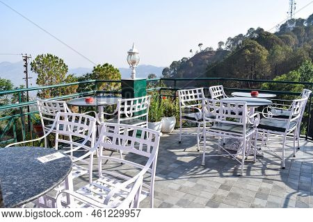 Early Morning View Of Modern Rooftop Restaurant At Kasauli, Himachal Pradesh In India, View Of Mount