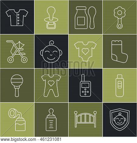 Set Line Baby On Shield, Pregnancy Test, Socks, Yogurt In Bottle With Spoon, Little Boy Head, Stroll