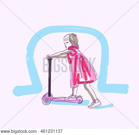 Kid Girl On Scooter, Continuos Line Minimalist Sketch, Quick Sketch With Few Colored Sumi-e Strokes,