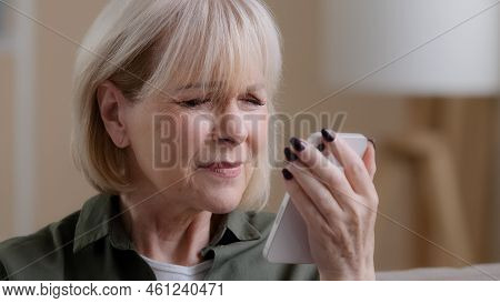 Close-up Old Lady Mature Aged Female Grandmother Caucasian Retired Woman Looking At Phone Screen Vis