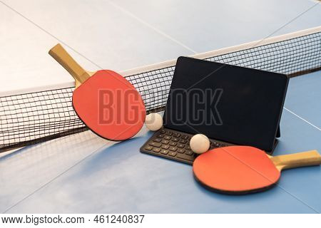 Sport, Technology, Game And Objects Concept - Close Up Of Ping-pong Or Table Tennis Rackets With Bal