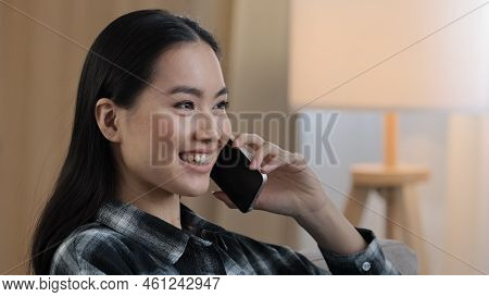 Smiling Happy Asian Woman Portrait Girl Smile Speaking Mobile Phone At Home. Close-up Korean Lady Ta