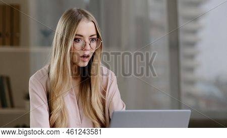 Scocked Caucasian Millennial Business Woman Female Student Worker User Receiving Bad News Message Lo