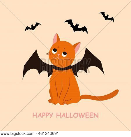 Halloween Cat Vector Illustration, Kitty Portrait Wears Black Bat Wing With Small Bats On Background