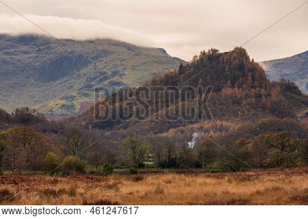 Stunning Autumn Landscape Sunrise Image Looking Towards Borrowdale Valley From Derwentwater In Lake 