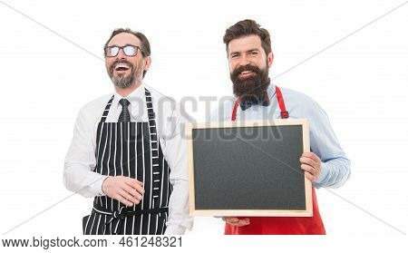 Everything Is On Schedule. Cafe And Restaurant Opening. Bearded Men With Blackboard, Copy Space. Par