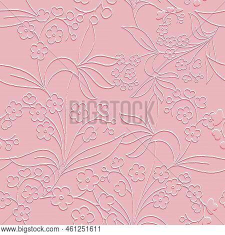 Floral 3d Embossed Pink Seamless Pattern. Textured Line Art Flowers Relief Background. Repeat Emboss