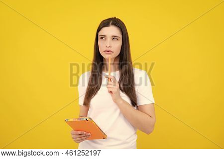 Thinking Student. Portrait Of Student Woman. College Or High School Ducation. Serious Young Woman Wi