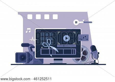 Vector Illustration Of Video Editing. Workplace Of A Video Editor - Computer With Software, Camera, 