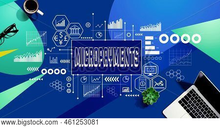 Micropayments Theme With A Laptop Computer On A Blue And Green Pattern Background
