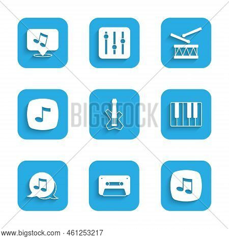 Set Electric Bass Guitar, Retro Audio Cassette Tape, Music Note, Tone, Synthesizer, Drum With Drum S