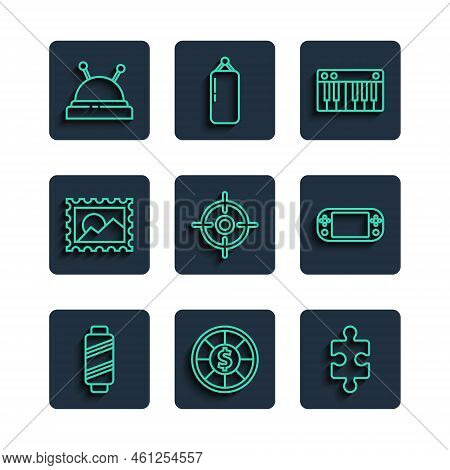 Set Line Sewing Thread On Spool, Casino Chips, Piece Of Puzzle, Music Synthesizer, Target Sport, Pos