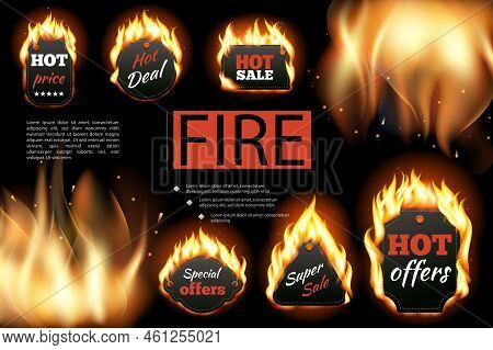 Realistic Hot Fire Labels Composition With Price Deal Offers Sale Inscriptions On Dark Background Wi