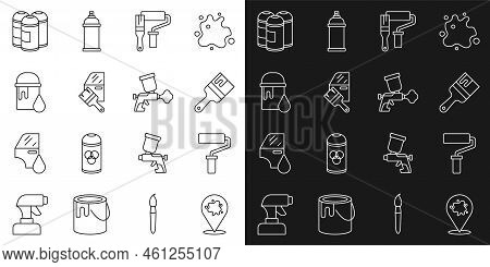 Set Line Paint Spray, Roller Brush, Car Painting, Bucket, Can And Gun Icon. Vector