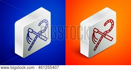 Isometric Line Crook And Flail Icon Isolated On Blue And Orange Background. Ancient Egypt Symbol. Sc
