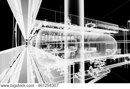 Industrial Equipment. X-ray 3d Illustration On Black Background. Non-destructive Testing Concept