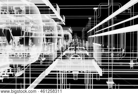 Industrial Equipment. X-ray 3d Illustration On Black Background. Non-destructive Testing Concept