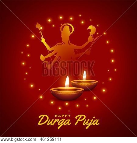 Hindu Religious Durga Pooja Festival Greeting Background In Silhouette Style