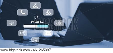 Hand Touch Bar Of Update Software Computer Program Upgrade Business Technology Internet, Update On V