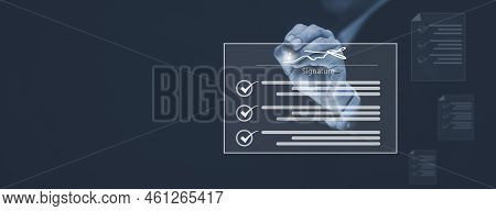 Signing Electronic Documents On Digital Documents Online, Businessman With Contract Electronic Signa