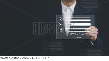 Signing Electronic Documents On Digital Documents Online, Businessman With Contract Electronic Signa