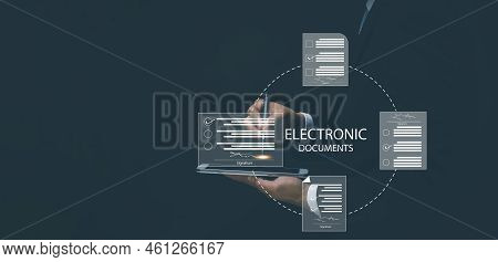 Signing Electronic Documents On Digital Documents Online, Businessman With Contract Electronic Signa