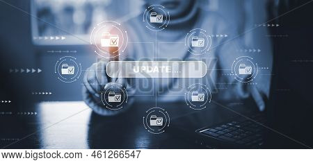 Hand Touch Bar Of Update Software Computer Program Upgrade Business Technology Internet, Update On V