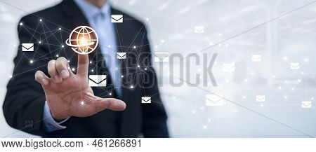 E-mail And Communicate Concept. Double Exposure Businessman Touch Email Pressing For Sending The E-m