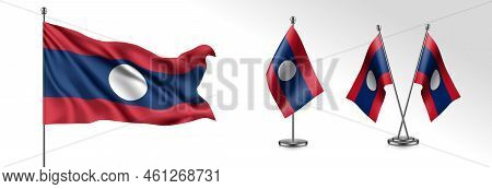 Set Of Laos Waving Flag On Isolated Background Vector Illustration. 3 Laotian Wavy Realistic Flag As