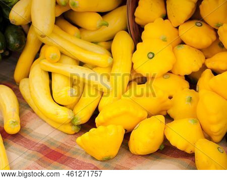 Sunburst Squash For Sale At A Farmers Market.