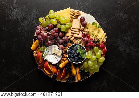 Autumn Cheese Board With Fresh Fruits And Berries Served With White Wine, Top View