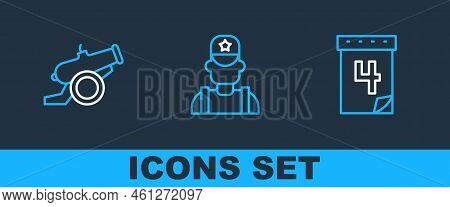 Set Line Calendar With Date July 4, Cannon And Sheriff Cowboy Icon. Vector