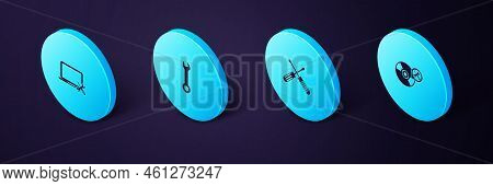 Set Isometric Cd Or Dvd Disk Service, Crossed Screwdrivers, Wrench And Laptop Icon. Vector