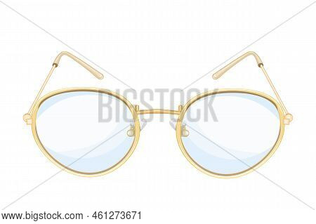 Glasses Isolated On White Background. Round Lens Type Golden Eyeglasses For Read. Vintage, Classic O