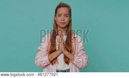 Please, God Help. Teenager Young Girl Praying, Looking Upward And Making Wish, Asking With Hopeful I