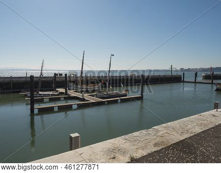 Lisbon, Portugal, October 24, 2021: View Of Doca Da Marinha, Small Marina With Boats And Restaurants
