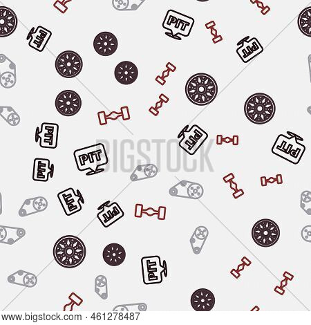 Set Line Pit Stop, Alloy Wheel For Car, Timing Belt Kit And Chassis On Seamless Pattern. Vector