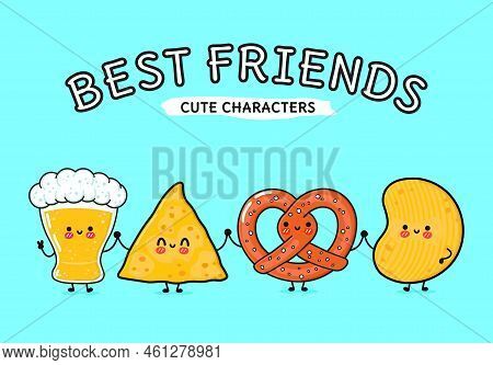 Cute, Funny Happy Glass Of Beer, Nachos, Chips, Pretzel. Vector Hand Drawn Cartoon Kawaii Characters