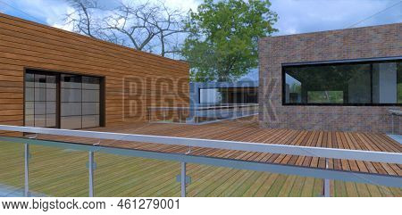 Glass Fence Of A Wooden Terrace Of A Recently Commissioned Country House. Exits To The Outside From 